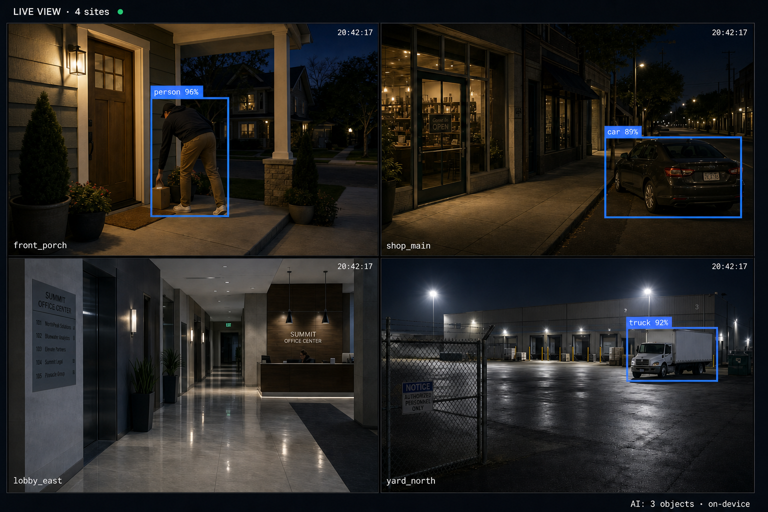 Four-camera NVR live-view mosaic at dusk: a front porch with a delivery person and a package, a small storefront with a parked car, a modern office building lobby, and an industrial warehouse yard — each tile labeled with its camera name and overlaid with neon-blue AI bounding boxes around detected people and vehicles