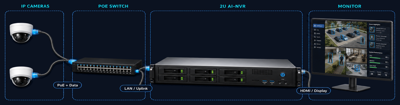 Owl-NVR system wiring diagram: two PoE IP cameras connect through a PoE switch to the 2U Owl-NVR appliance, which feeds a desktop monitor showing a multi-camera AI dashboard. Cables are labeled PoE + Data, LAN / Uplink, and HDMI / Display.