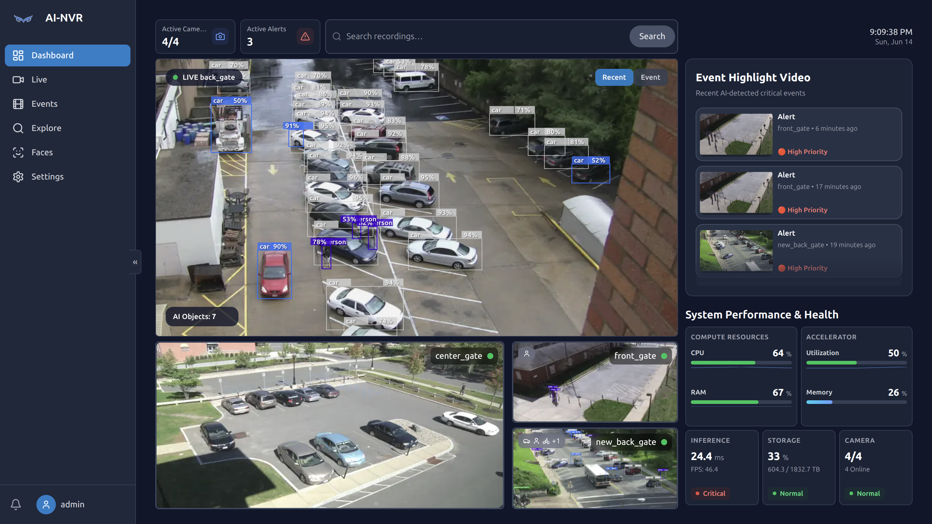Owl-NVR desktop dashboard with live multi-camera detections, event highlights, and system health