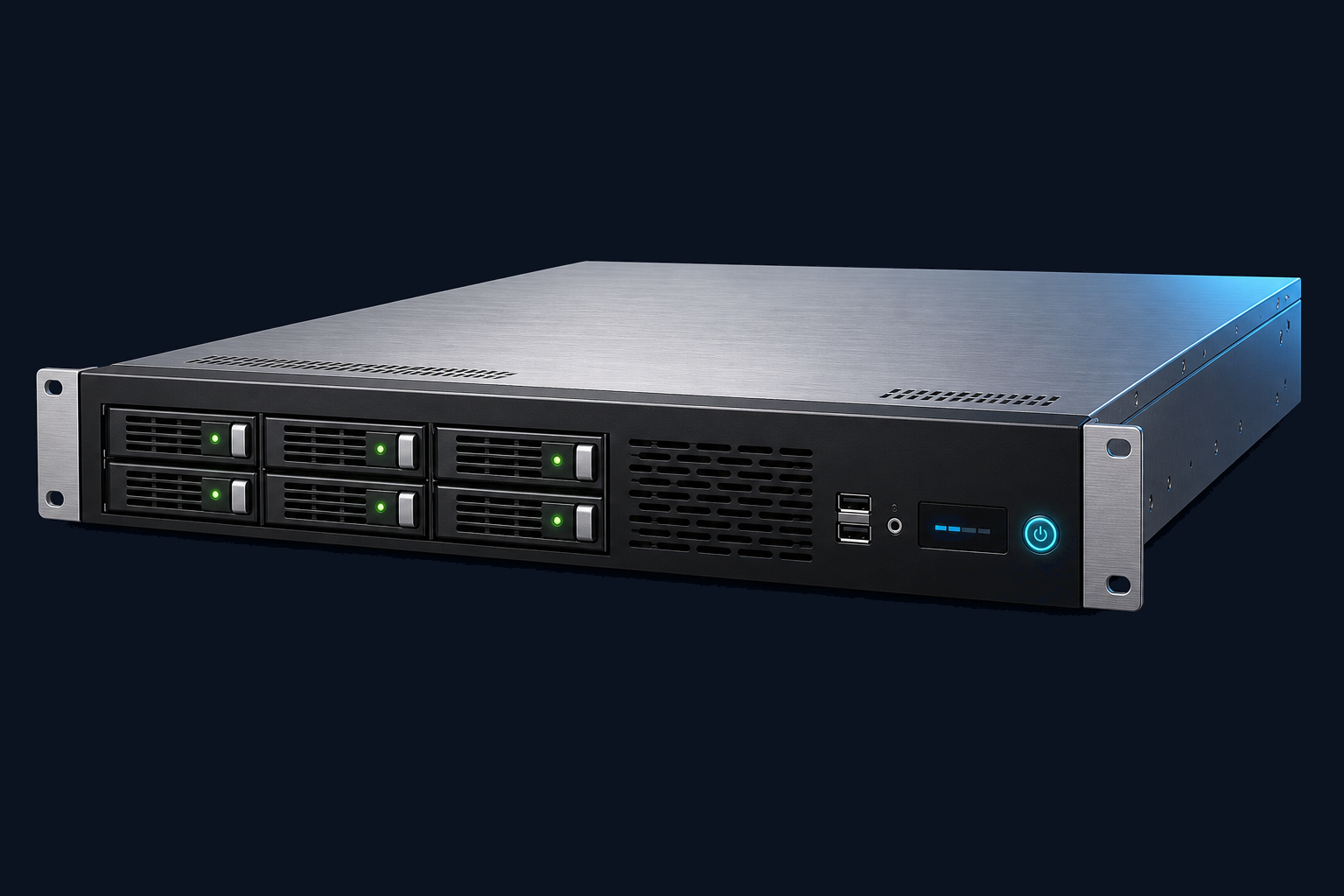 Owl-NVR 2U rack-mount server with six front drive bays and glowing cyan power button